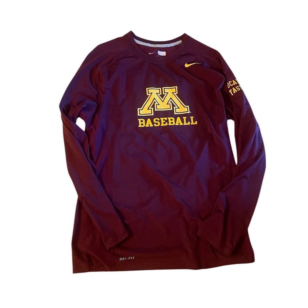 Nike Dri Fit Univ of Minnesota Baseball L/S Shirt Maroon w Gold size Large